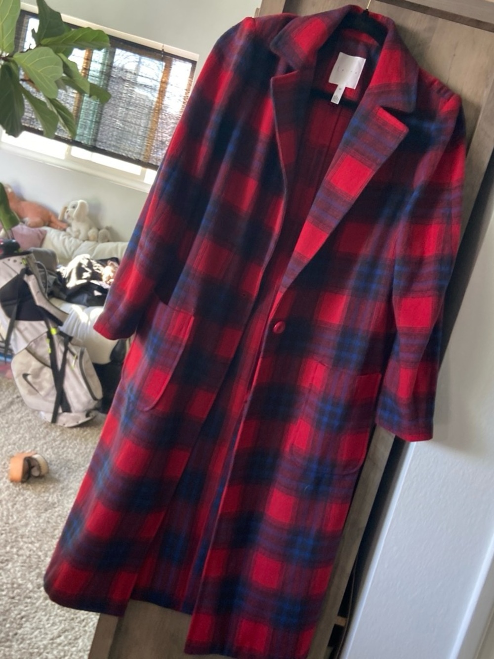 Leith Red and Navy Plaid Long Trench Coat